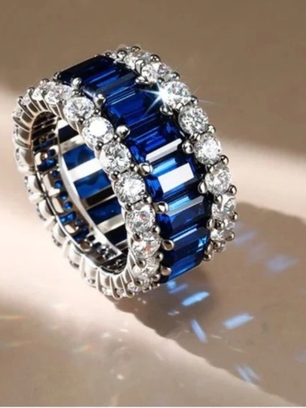 Wide Baguette Blue Sapphire Sterling Silver Eternity Band Ring Size 5.5
